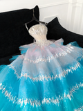 Blue Ombre A Line Strapless Silver Sequin Tulle Long Prom Dress Party Dress HZ1023