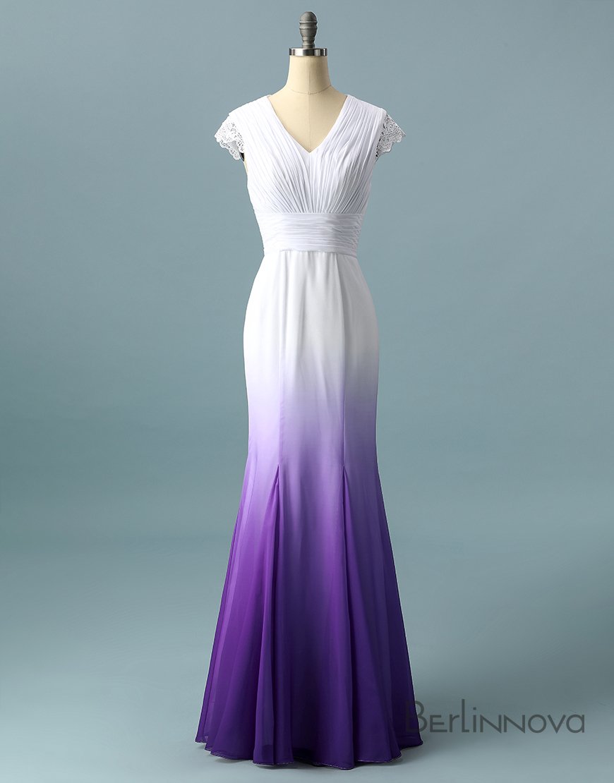 V neck Ombre Formal Prom Dress, A Line Wedding Party Gown HZ1023