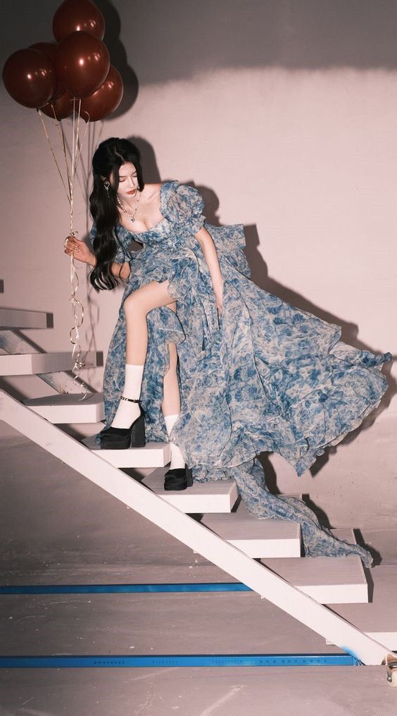 Romantic A Line Puff Sleeve Print Flower Blue Chiffon Party Dress Evening Dress with Slit HZ1023