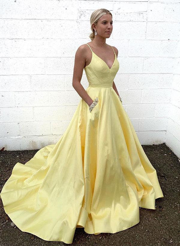 Yellow Satin V Neck Spaghetti Straps Long Senior Prom Dress With Pocket HZ1023