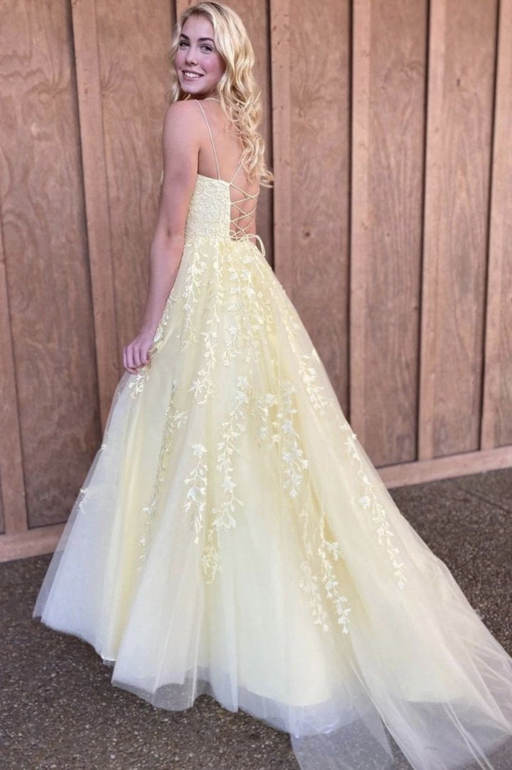 Yellow lace long prom dress A line evening dress HZ1023