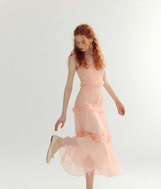 Orange-pink A Line Spaghetti Strap Lace Long Prom Dress Party Dress HZ1023