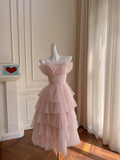 Elegant A Line Spaghetti Strap Layered Light Pink Tulle Short Homecoming Dress Cocktail Dress HZ1023