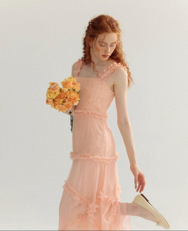 Orange-pink A Line Spaghetti Strap Lace Long Prom Dress Party Dress HZ1023