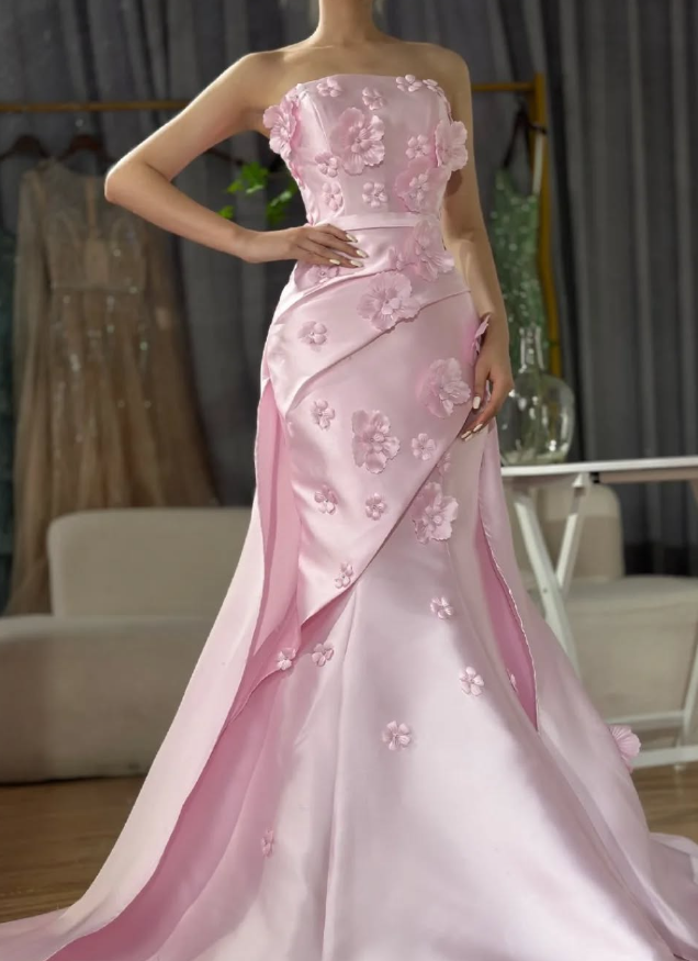 Sweet Pink Mermaid Strapless 3D Floral Satin Prom Dress Evening Dress HZ1023