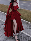 Vintage Red Prom Dress Long Irregular Evening Dress HZ1023