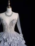 Unique A Line Long Sleeve Flower Tiered Tulle Long Party Dress Evening Dress Ball Gown HZ1023