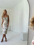 Sexy Sheath Spaghetti Strap Lace Print Floral Satin Prom Dress Evening Dress HZ1023