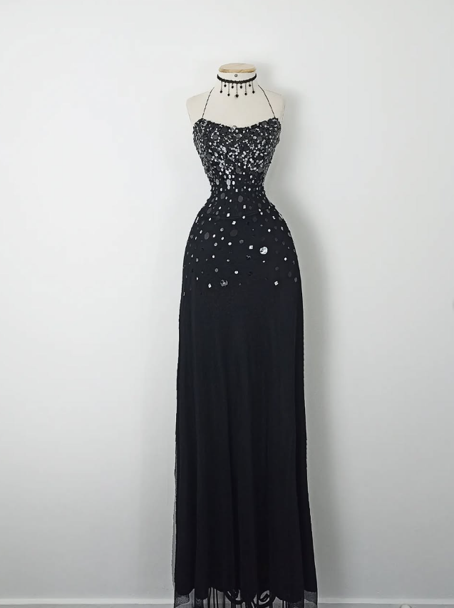 Retro A Line Spaghetti Strap Black Sequin Chiffon Evening Dress Party Dress HZ1023