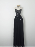 Retro A Line Spaghetti Strap Black Sequin Chiffon Evening Dress Party Dress HZ1023