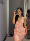 Pink Sheath Halter Print Floral Chiffon Long Prom Dress Vacation Dress HZ1023