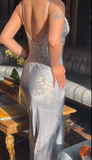 Vintage Sheath Spaghetti Strap Lace Baby Blue Satin Party Dress Evening Dress with Slit HZ1023