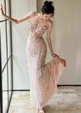 Exquisite Beaded Floral A Line Spaghetti Strap Tulle Long Evening Dress Gown Dress HZ1023