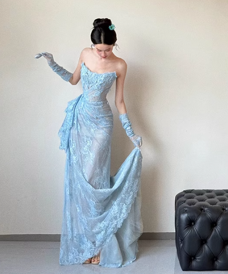 Blue Mermaid Strapless Pleated Blue Lace Long Party Dress Evening Dress HZ1023