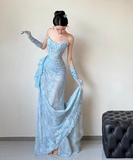 Blue Mermaid Strapless Pleated Blue Lace Long Party Dress Evening Dress HZ1023