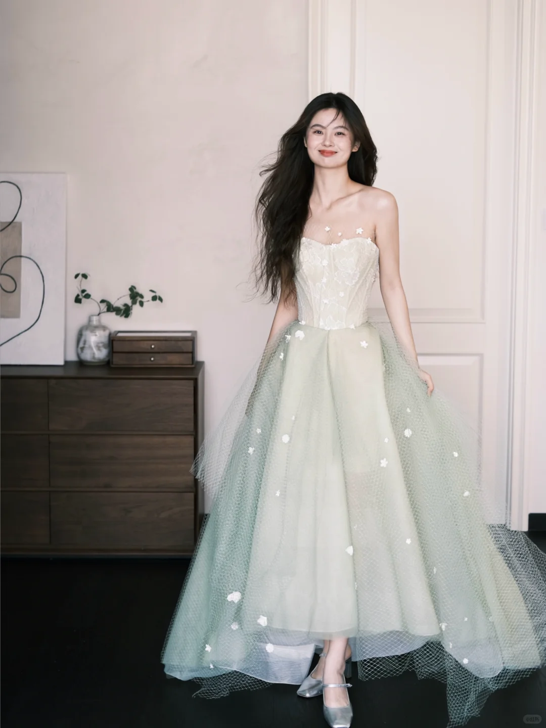 Classy A Line Sweetheart Neck Floral Green Tulle Prom Dress Party Dresses HZ1023