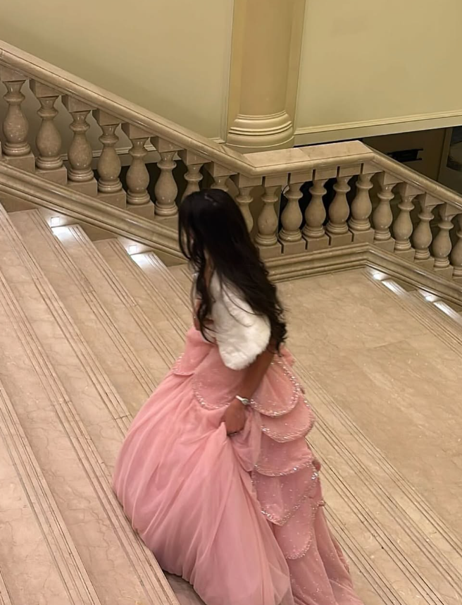 Pink A Line Strapless Tiered Beaded Tulle Party Dress Evening Dress Ball Gown HZ1023