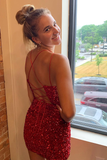 Sheath Royal Blue Sequins Short Homecoming Dress with Criss Cross Back HZ1023