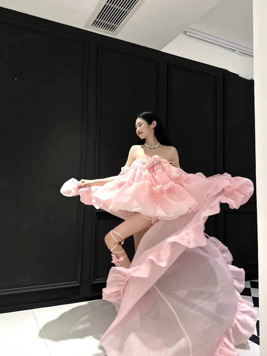 Cute A Line Strapless Floral Pink Organza Long Sweep Prom Dress Party Dress HZ1023