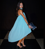 Unique A Line Strapless Blue Chiffon Short Long Prom Dress Evening Dress HZ1023