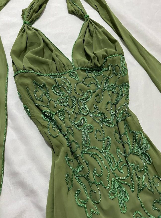 Vintage Sheath Halter Green Beaded Chiffon Open Back Evening Dress Party Dress HZ1023