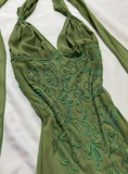 Vintage Sheath Halter Green Beaded Chiffon Open Back Evening Dress Party Dress HZ1023