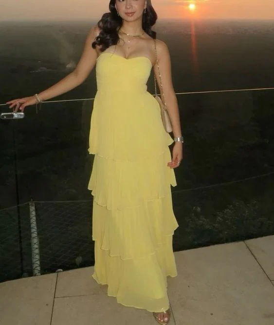 Yellow Strapless Chiffon Layered Long Prom Dress Formal Evening Dress HZ1023