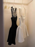 Classic Black Shiny Rhinestone A Line Straps Satin Short Homecoming Dress Cocktail Dress HZ1023