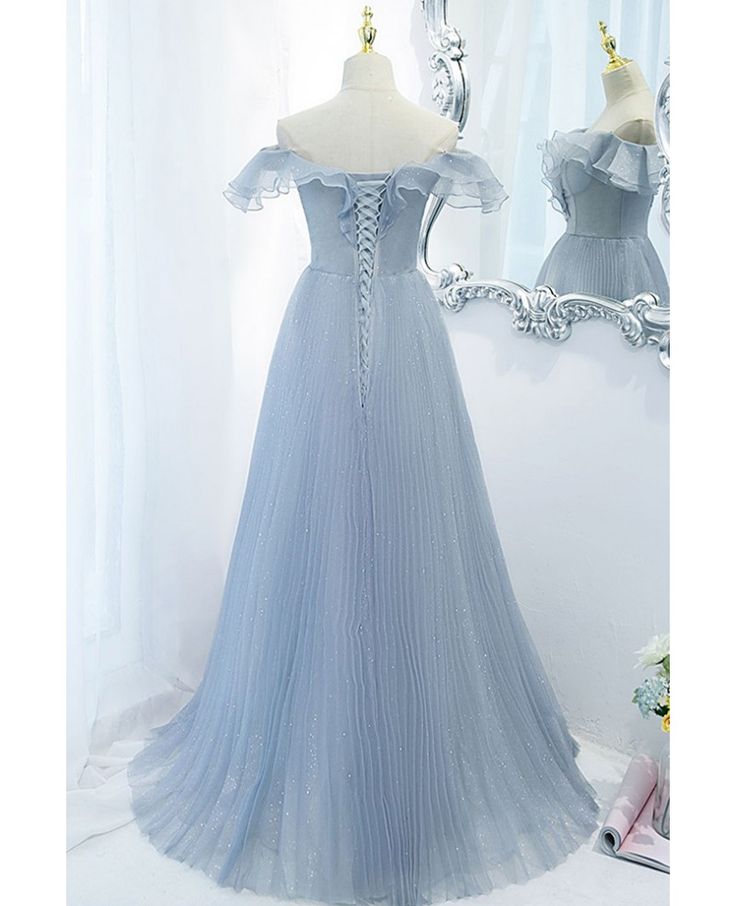 Blue A Line Off the Shoulder Pleated Tulle Prom Dress With Ruffles HZ1023