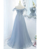 Blue A Line Off the Shoulder Pleated Tulle Prom Dress With Ruffles HZ1023