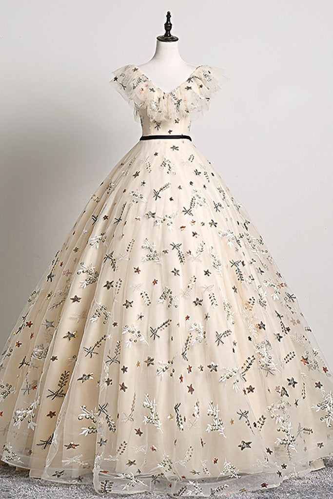Pretty Champagne Floral Tulle V Neck Floor Length Customize Prom Dress, Formal Dress HZ1023