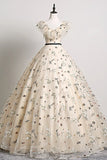 Pretty Champagne Floral Tulle V Neck Floor Length Customize Prom Dress, Formal Dress HZ1023