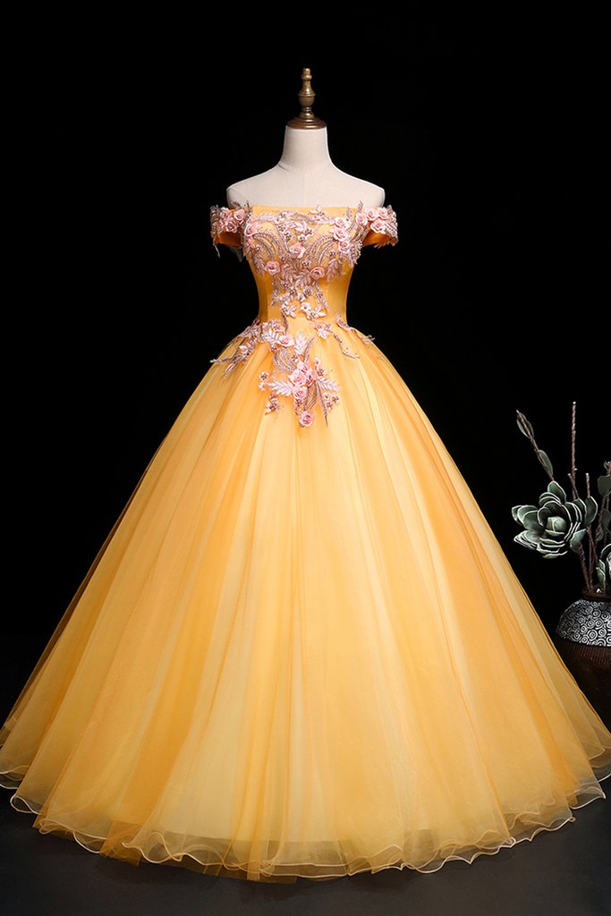 Yellow Tulle Off Shoulder Long Custom Size Senior Prom Dress, Evening Dress HZ1023