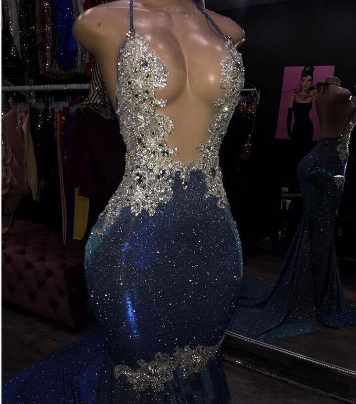 Black Girl Prom Dress Cheap Sparkle Blue Sexy Prom Dresses | Mermaid Silver Aplliques Long Evening Gowns HZ1023