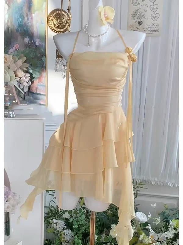 Flowy A Line Halter Layered Yellow Chiffon Open Back Short Homecoming Dress Cocktail Dress HZ1023