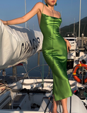 Simple Green Sheath Spaghetti Strap Satin Open Back Prom Dress Party Dress HZ1023