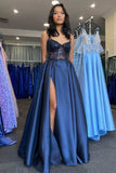 Pretty A Line Spaghetti Strap Sequin Navy Blue Satin Long Party Dress Wedding Guest Dress with Slit HZ1023