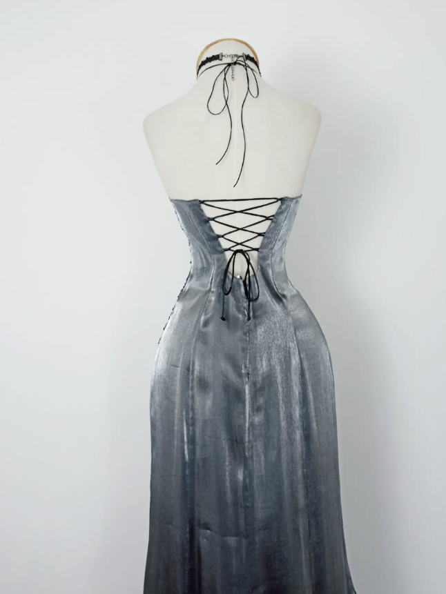 Retro A Line Spaghetti Strap Grey Beaded Satin Long Evening Dress Party Dress HZ1023