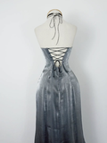 Retro A Line Spaghetti Strap Grey Beaded Satin Long Evening Dress Party Dress HZ1023