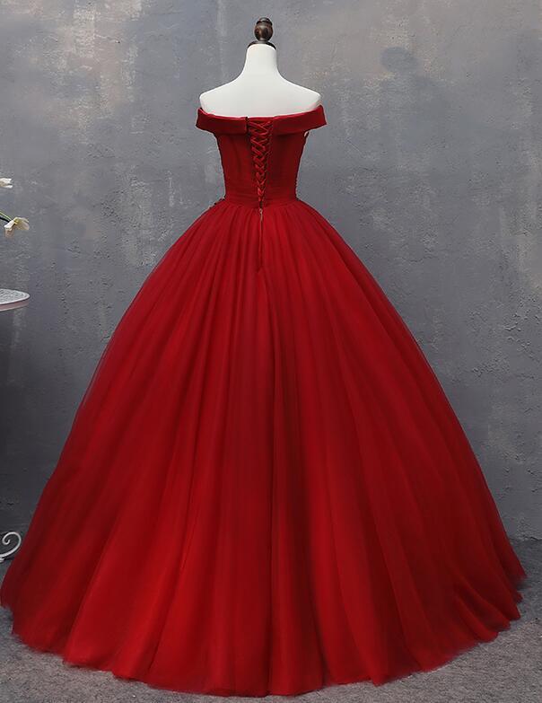 Red Tulle Long Off the Shoulder Sweet 16 Dress, Red Party Gown HZ1023