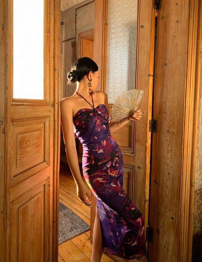 Sexy Purple Print Floral Sheath Halter Chiffon Long Prom Dress Party Dress HZ1023
