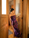 Sexy Purple Print Floral Sheath Halter Chiffon Long Prom Dress Party Dress HZ1023