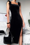 Black Sheath Feather Velvet Tea Length With Slit HZ1023