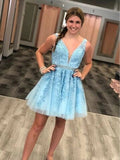 Red Lace Applique Beaded Homecoming Dresses V Neck Tulle Short Prom Dress HZ1023