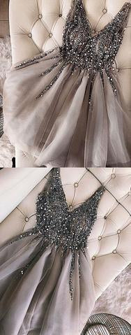 Luxurious Sequins Beaded V-neck Tulle Short Gray Homecoming Dresses HZ1023