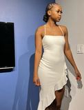 Simple White Slit Ruffles Midi Length Sheath Prom Gown Brithday Party Evening Dress HZ1023