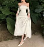 White Simple Clean A Line Halter Long Sleeve Satin Long Prom Dress Evening Dress HZ1023