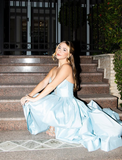 Baby Blue A Line V Neck Satin Short Long Prom Dress Evening Dress HZ1023