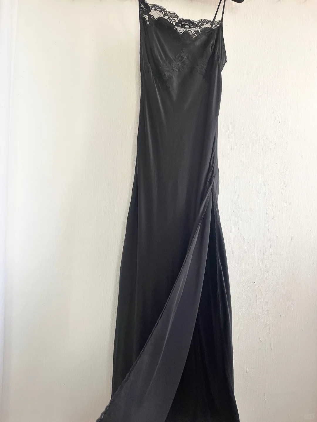 Simple A Line Spaghetti Strap Lace Satin Party Dress Wedding Guest Dress with Slit HZ1023