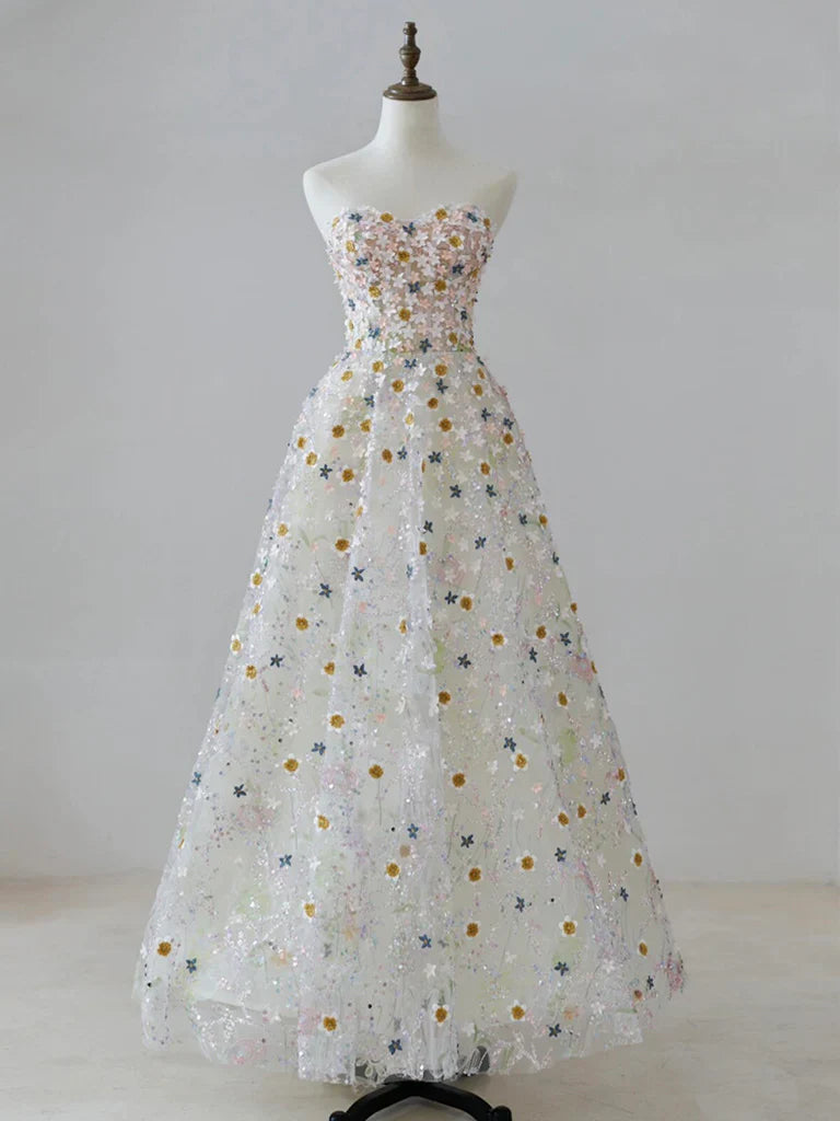 A Line Sweetheart Neck Tulle Lace Flower Long Prom Dress Formal Dress HZ1023